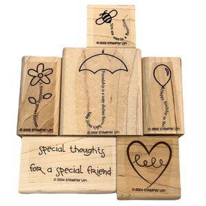 Stampin Up! Wooden Rubber Stamps The Fine Print Balloon Flower Heart Bee Umbrell